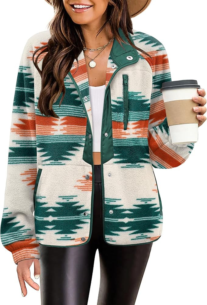 Zeagoo Women's Cozy Fleece Jacket Western Aztec Print Snap Button Down Coat with Pockets Casual W... | Amazon (US)