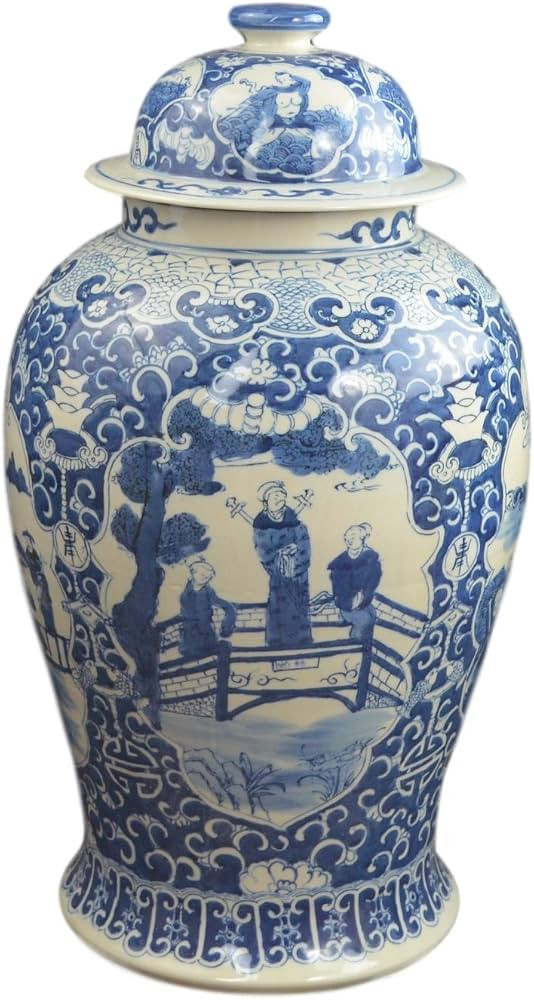 19" Antique Like Finish Retro Blue and White Porcelain Ancient Figures Temple Ceramic Ginger Jar ... | Amazon (US)