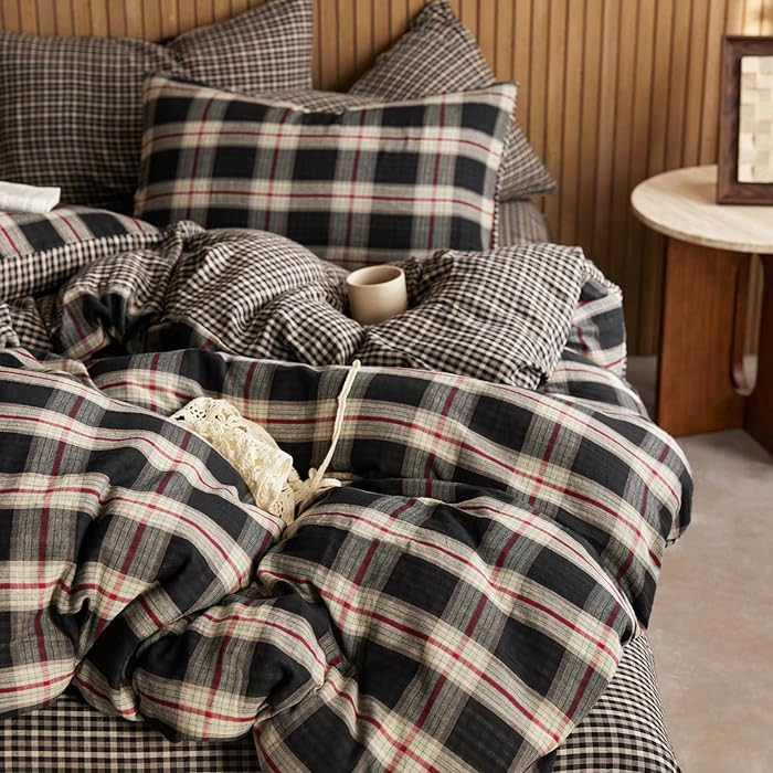 EAVD Vintage Red&Black Plaid Duvet Cover King Soft 100% Cotton Muslin Gauze Red Green Black Grid ... | Amazon (US)