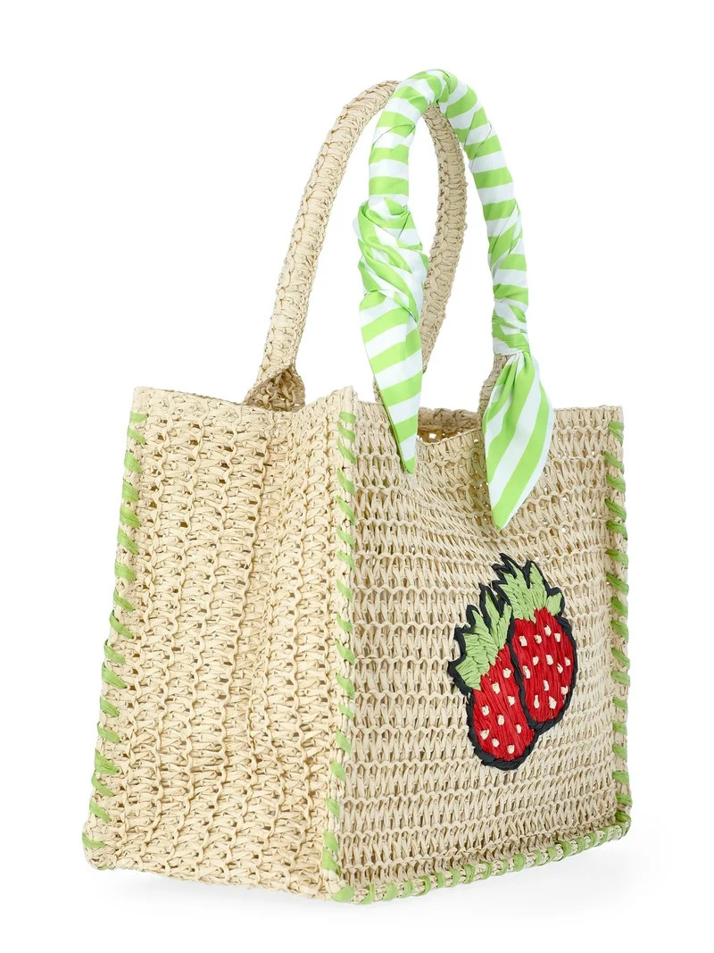 No Boundaries Women's Beach Icons Mini Straw Tote Bag, Natural with Strawberry Embroidery | Walmart (US)
