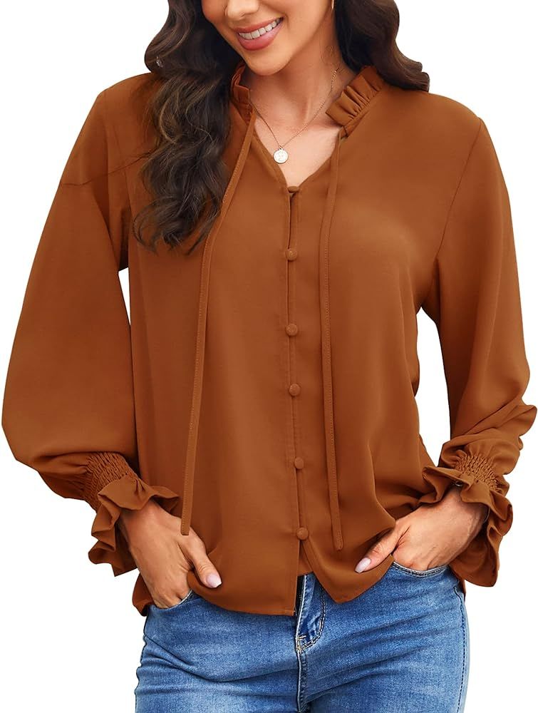 GOORY Women's Business Casual Tie Neck Tops Stylish Fall Long Sleeve Blouses Button Down Loose To... | Amazon (US)