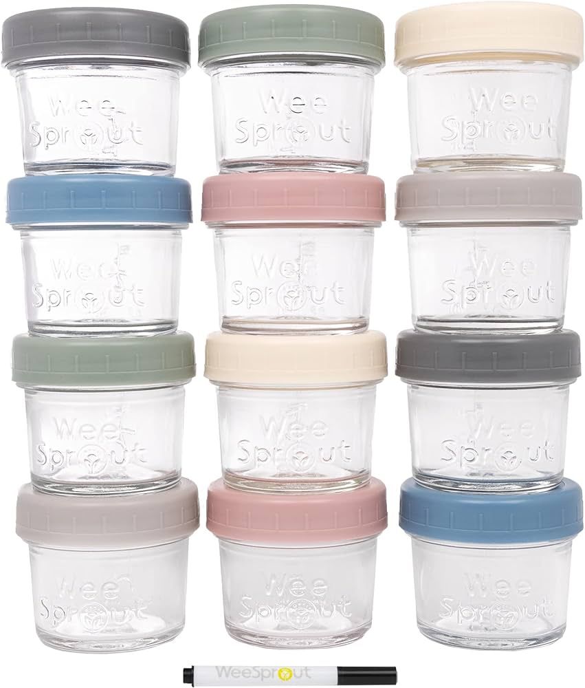 12 Pack Reusable Baby Food Storage Jars with Lids               
Material: Glass, Plastic 

Capac... | Amazon (US)