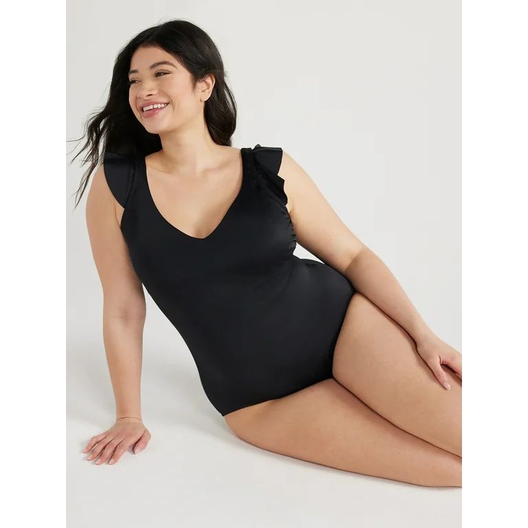 Time and Tru Women's and Plus Solid Ruffle Sleeve One Piece Swimsuit, Sizes XS-3X - Walmart.com | Walmart (US)