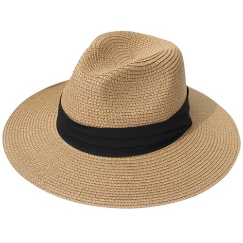 Lanzom Women Wide Brim Straw Panama Roll up Hat Fedora Beach Sun Hat UPF50+(Brown/Black,One Size-Small) | Amazon (US)