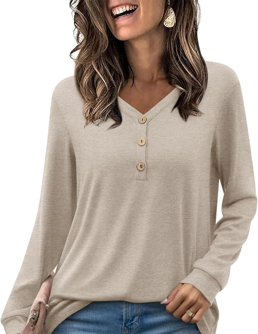 HOTGIFT 2024 Women Winter Fall Tops Shirts Long Sleeve Casual Tshirts Vneck Button Down Henley Bl... | Amazon (US)