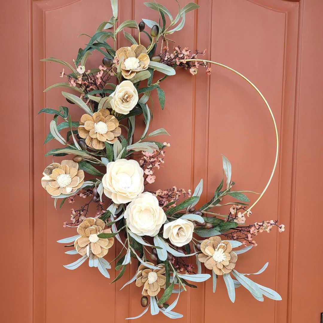 Modern Hoop Wreath Wood Flowers Wreath Front Door Décor - Etsy | Etsy (US)