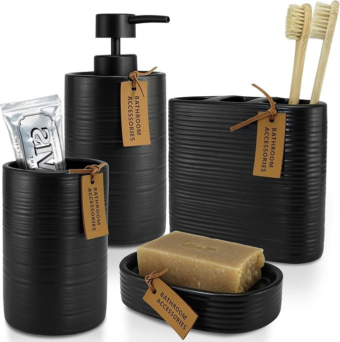 Black Bathroom Accessories Sets Complete, Ceramic Bathroom Accessories Set of 4 Includes Toothbru... | Amazon (US)