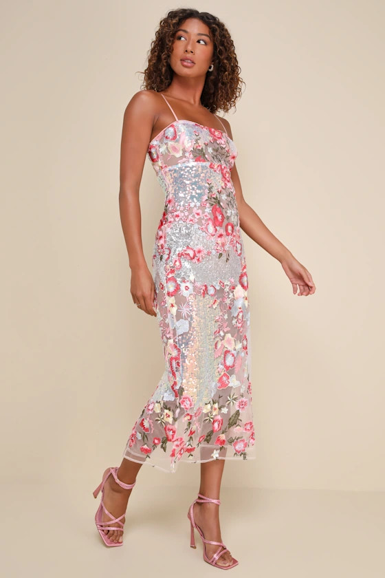 Stunning Impact Pink Sheer Embroidered Floral Sequin Midi Dress | Lulus