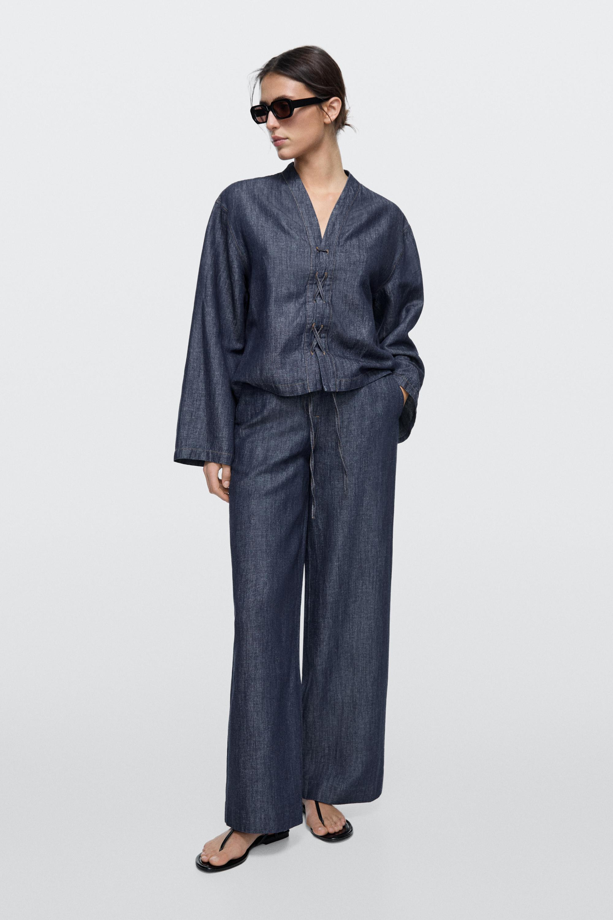Total look linen blend wide-leg jeans | Massimo Dutti UK