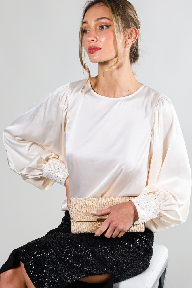 Cream Satin Sequin Cuff Blouse | PinkBlush Maternity