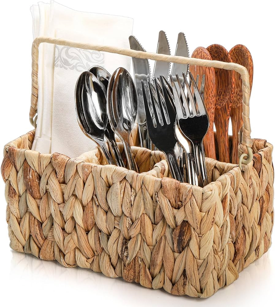 Pumtus Wicker Flatware Organizer, Woven Divided Utensil Caddy, Water Hyacinth Cutlery Holder, Pic... | Amazon (US)