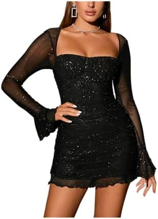 Women's Sheer Long Sleeve Sequin Bodycon Mini Dress Sexy Sparkly Ruched Mesh Party Going Out Dres... | Amazon (US)