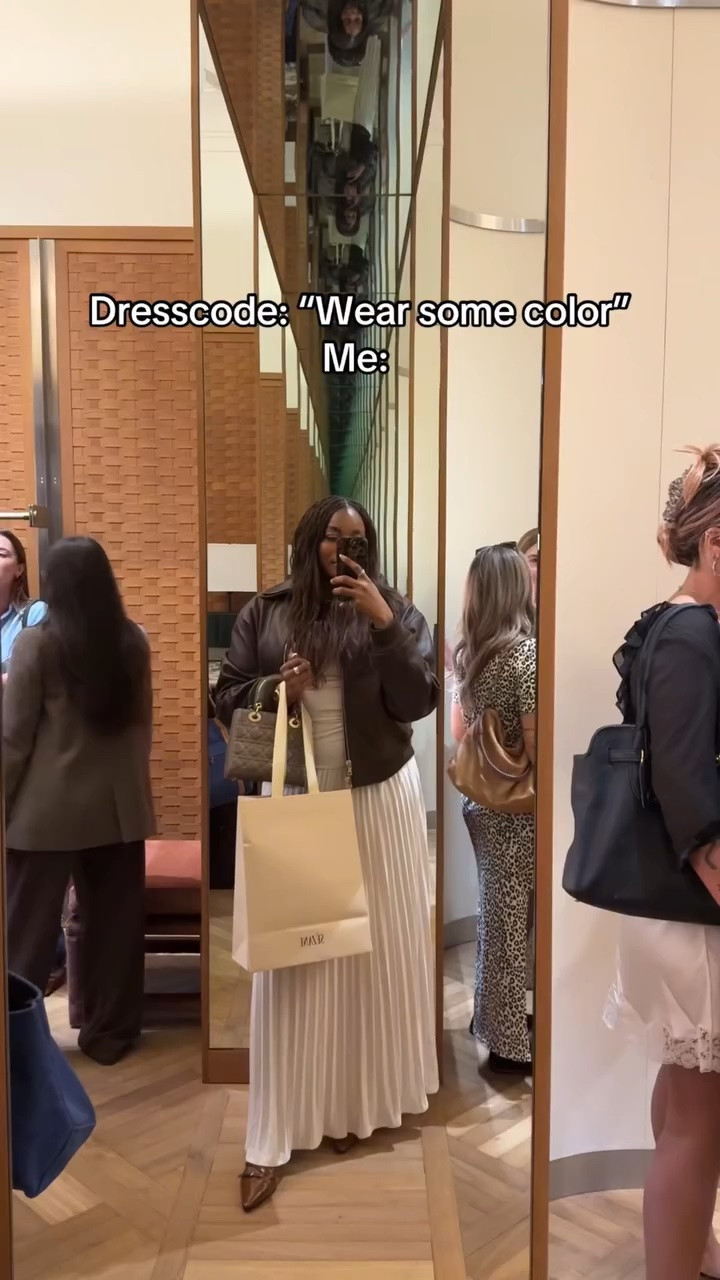 50 shades of beige, please. Out and about in nyc wearing this cram plated maxi dress with Alice and Olivia leather jacket, Dior lady handbag, brown kitten heels .. 
For more links to fall outfits women, fall wedding guest dresses, fall dresses, date night outfits, country concert outfits, fall decor, fall fashion hauls, business casual workwear, fall shoes, follow me on LTK! ✨

#LTKfall #LTKdresses #LTKworkwear