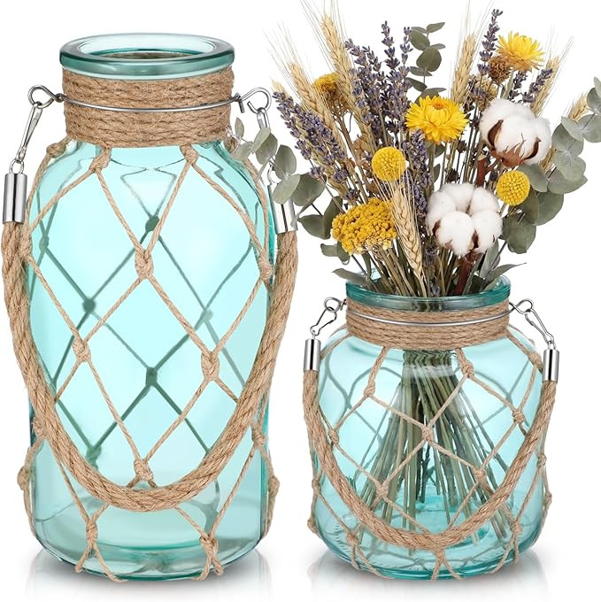 Set of 2 Coastal Glass Vases for Flowers Blue Dry Flower Vase with Boho Rope Small Sea Glass Maso... | Amazon (US)