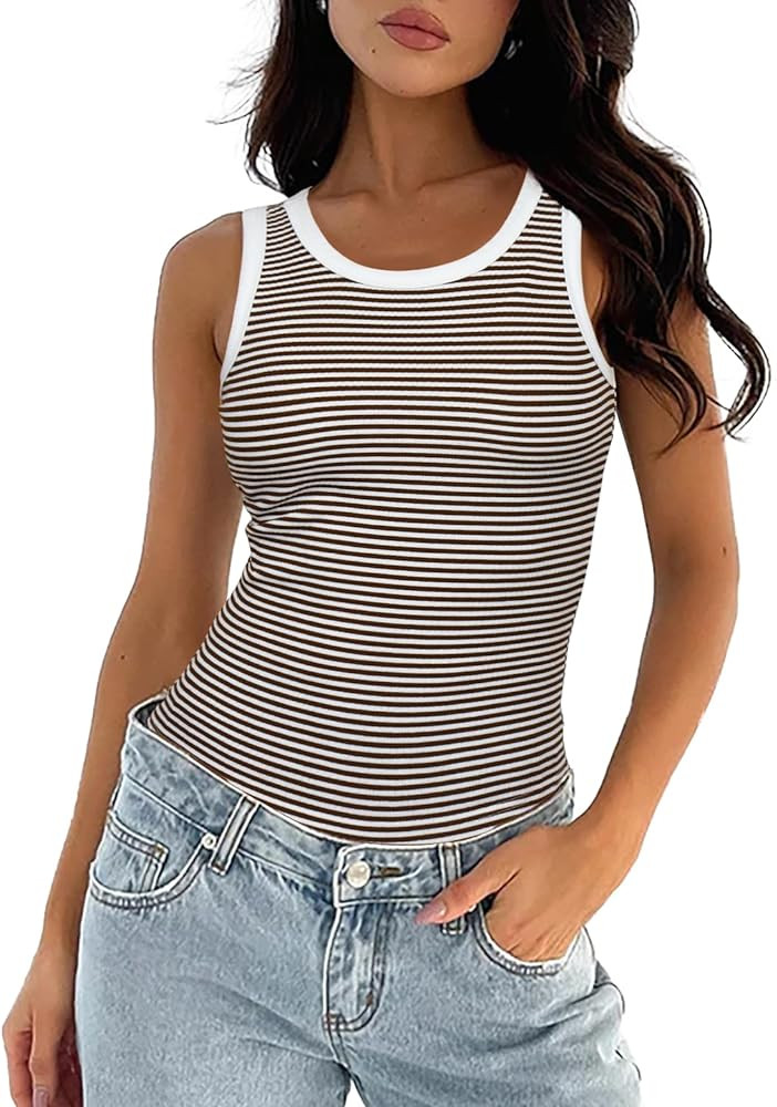 Darong Women's Summer Sleeveless Tank Top Striped Form Fitting Crew Neck Ribbed Knit Basic Cami S... | Amazon (US)