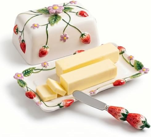 Cottage Strawberry Butter Dish w/ Lid & Knife, Artisanal Handmade | Large Butter Holder for Count... | Amazon (US)