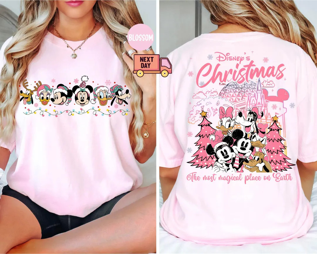 Comfort Colors® Retro 2-sided Disney Christmas Pink Lights Shirt, Cute Mickey and Friends Xmas T... | Etsy (US)