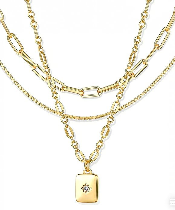 YEEZII Layered Gold Necklaces for Women Trendy, 3 Pcs 14K Gold Plated Choker Paperclip Box Chain ... | Amazon (US)