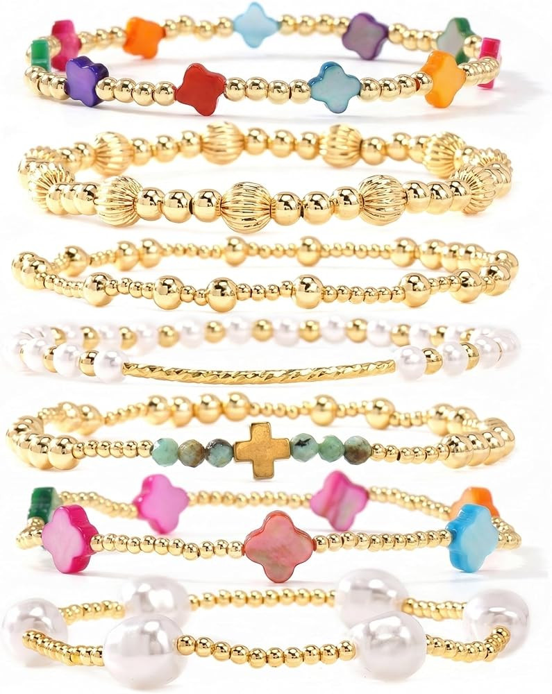 Dainty Cross Clover Gold Beaded Pearl Bracelet Stack for Women,Handmade Boho Gold Plated Beads St... | Amazon (US)
