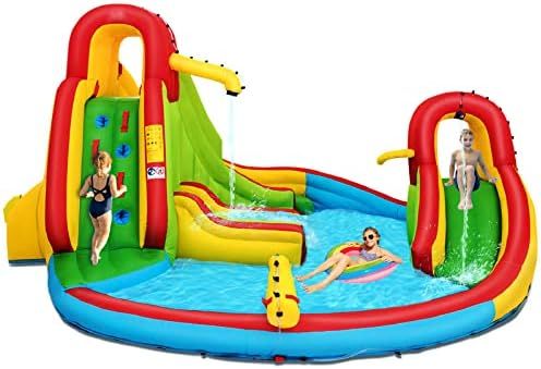 HONEY JOY Inflatable Water Slide, 7 in 1 Bouncy Inflatable Water Park w/Two Slides, Climbing Wall... | Amazon (US)
