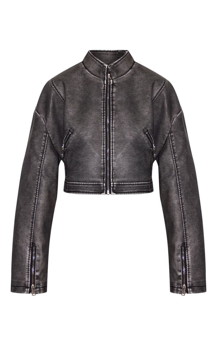 Grey Distressed Faux Leather Zip Front Cropped Biker Jacket | PrettyLittleThing UK
