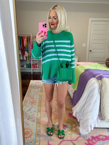 Green stripe sweater (size XS petite) / st Patrick’s day outfit / green H sandals / green crossbody bag / denim shorts (size 23)
Hot pink lipstick color: She’s Hard To Get 

#LTKstyletip #LTKbeauty #LTKsalealert