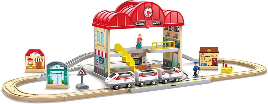 Hape Portable Wooden Train Station Set, Children's Train Set, Rails, Train Station and Characters... | Amazon (US)