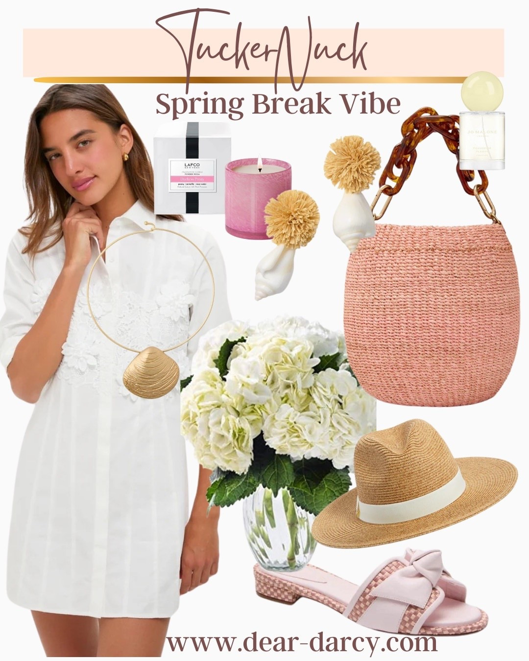 Tuckernuck
Spring Break mode

Vacation /resort/Summer event

Pretty white lace dress 

Pink straw bucket back  with acrylic chain handle

Straw hat 
Sea shell jewelry 
Jo Malone perfume
Lafo scented candle 
The pretty pink sandals 


#LTKootd #LTKTravel #LTKOver40
