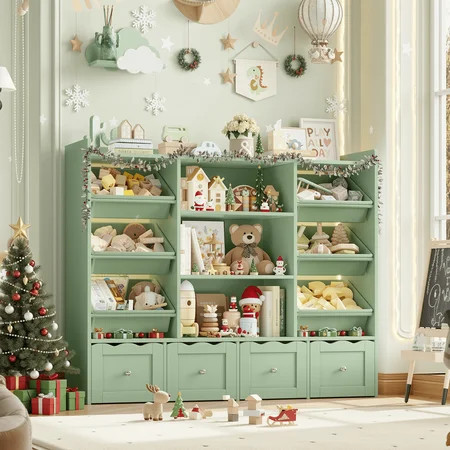 Hiphuta 55" Wide Toy Storage Organizer with 4 Removable Drawers, 4-Tier Kid Bookcase with 6 Bins, Toy Organizer with Bookcase for Kid Bedroom Playroom, Green | Walmart (US)