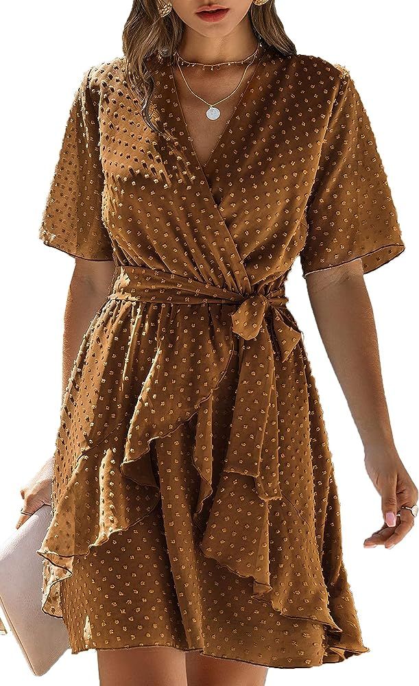 ECOWISH Women V Neck Short Sleeve Polka Dot Floral Pattern A-Line Tie Belt Short Dress with Ruffl... | Amazon (US)
