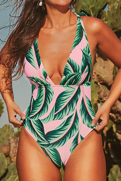Pink Palm Print One-Piece Swimsuit | Cupshe