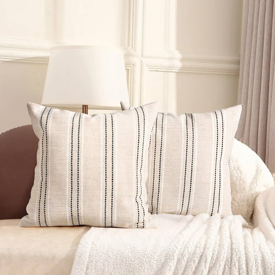 AELS 22x22 Decorative Farmhouse Linen Throw Pillow Covers, Boho Textured Pillow Case, Set of 2, B... | Amazon (US)