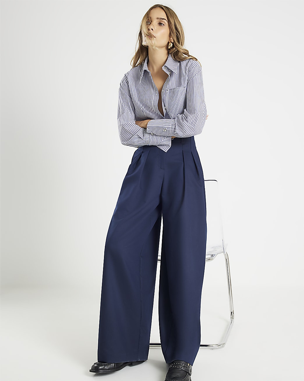 Navy Ultra High Waist Wide Leg Trousers | River Island UK & IE