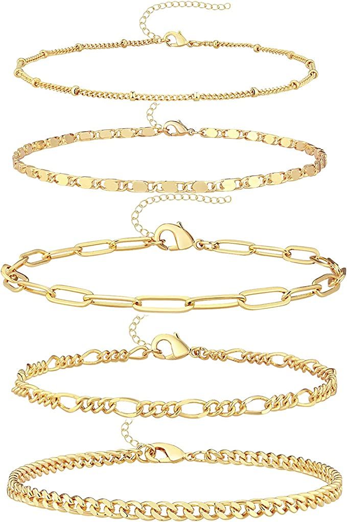 Gokeey Ankle Bracelets for Women, 14k Gold Plated Waterproof Layered Cuban Figaro Link Chain Ankl... | Amazon (US)