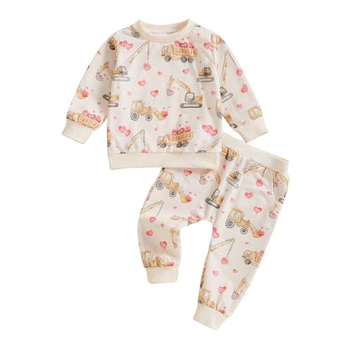 Chloefairy Toddler Baby Boy Valentines Day Outfit Truck Heart Print Sweatshirt Top Pants Set Sweatsuit 2Pcs Valentines Clothes (Khaki, 2-3T) | Amazon (US)