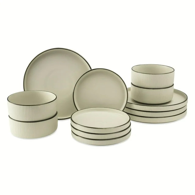 Thyme & Table 12-Piece Cream Ribbed Stoneware Dinnerware Set, Service for 4, Aden Collection | Walmart (US)
