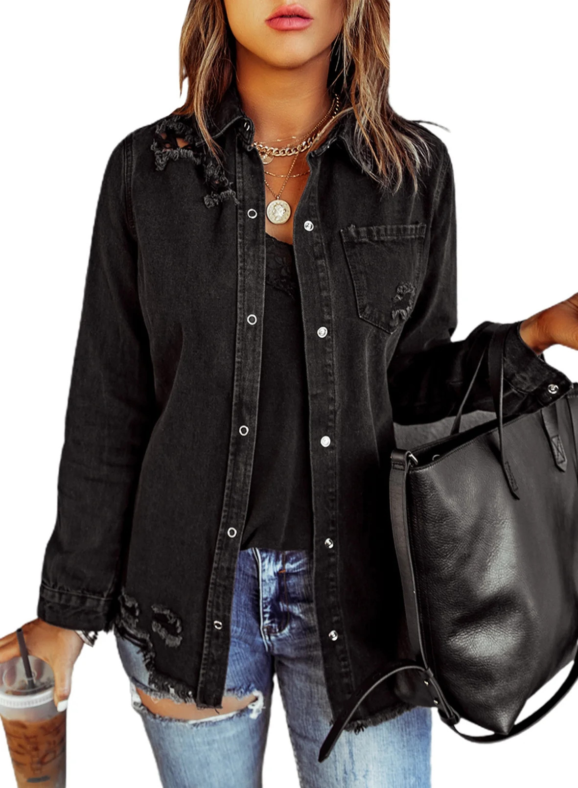 Chase Secret Women's Denim Jacket Casual Long Boyfriend Distresse Jean Jacket Petite - Walmart.co... | Walmart (US)