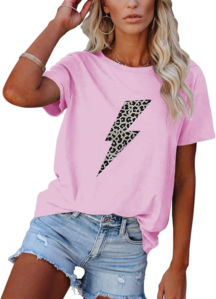APOFER Women's Casual Short Rolled Sleeve Henry Shirts Leopard Lip Print T-Shirts Crew Neck Basic Su | Amazon (US)