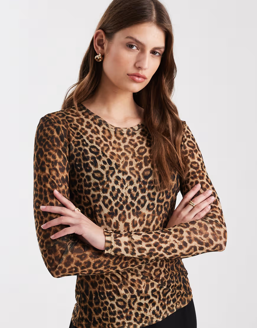 Vero Moda sheer long sleeve mesh top in leopard print-Neutral | ASOS (Global)