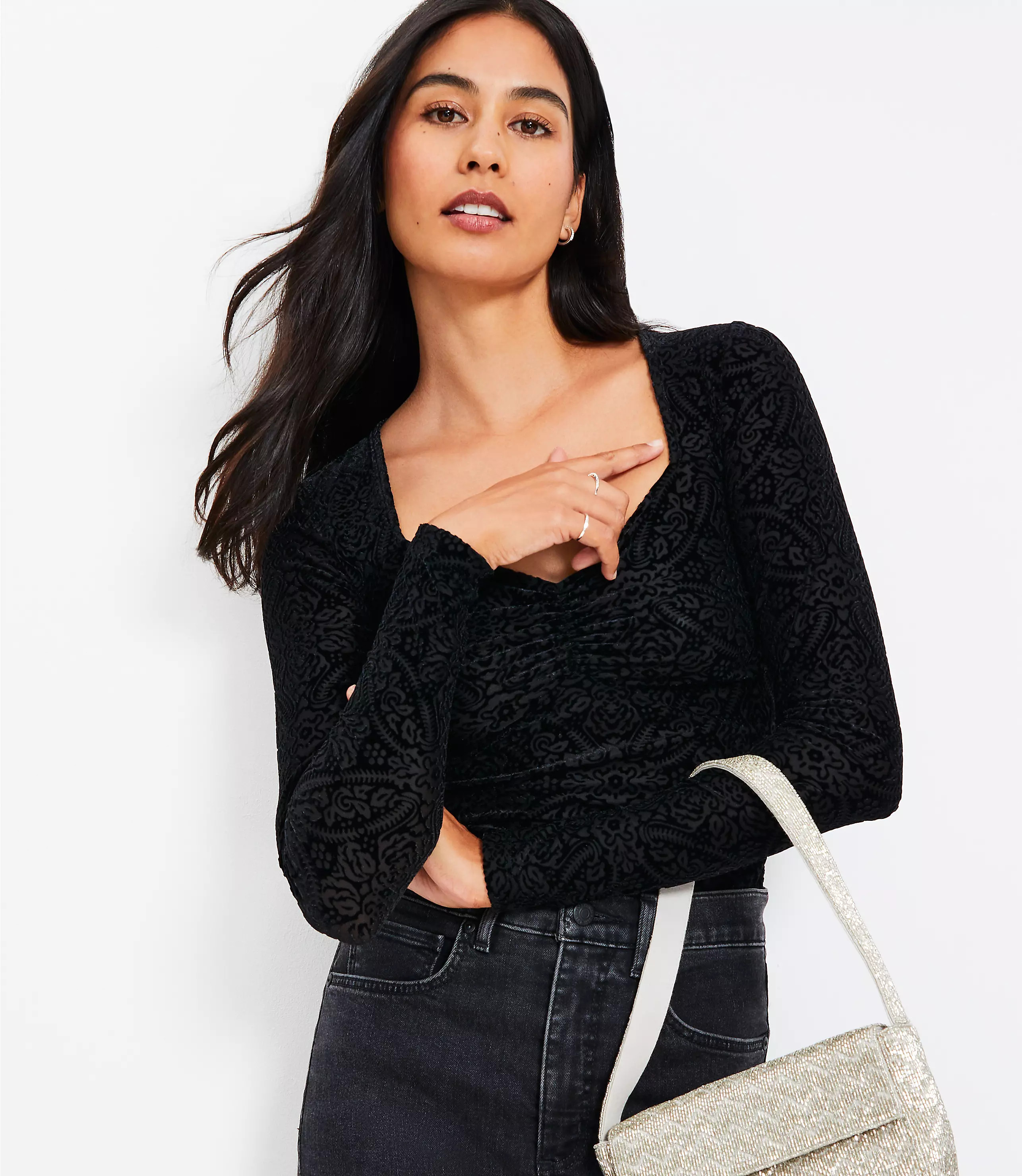 Mosaic Shirred Velour Sweetheart Top | LOFT