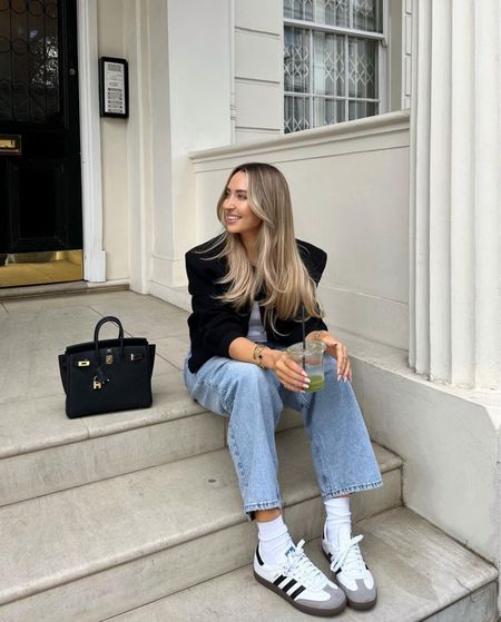 Spring outfit with black accessories, classic white tee and blue baggy jeans, styled with Adidas Sambas, Hermes Birkin 25 Black with Gold hardware and black jacket

#LTKitbag #LTKSeasonal #LTKstyletip