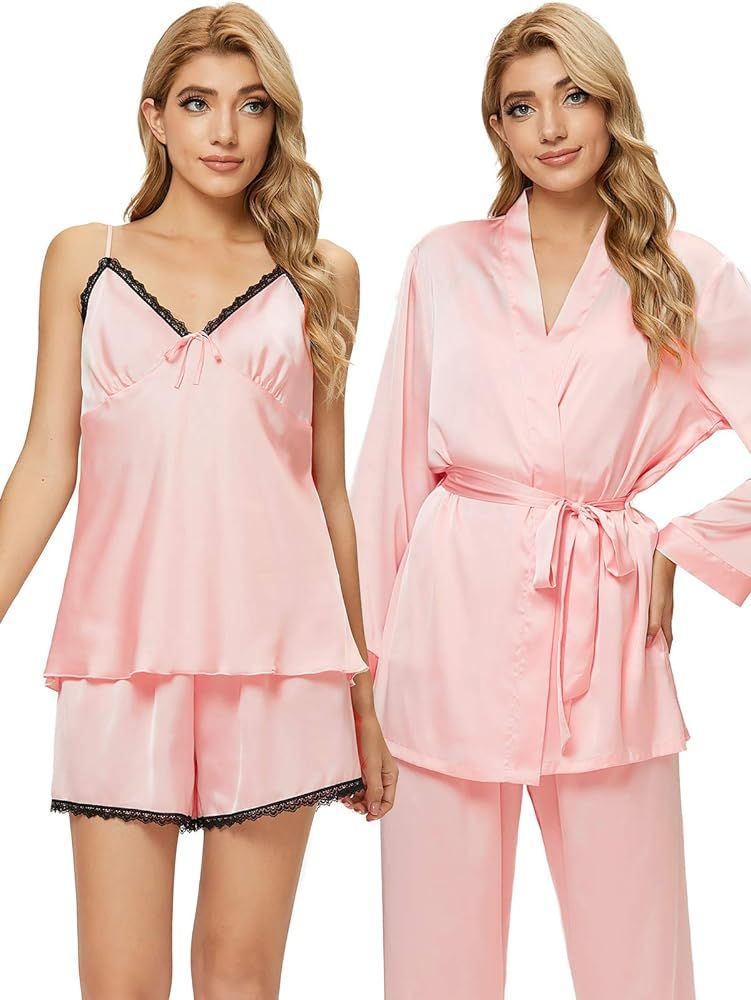 Arwser Women's Silk Satin Pajamas Set 4 Pcs Sleepwear Cami Top Pjs with Shorts and Robe | Amazon (US)