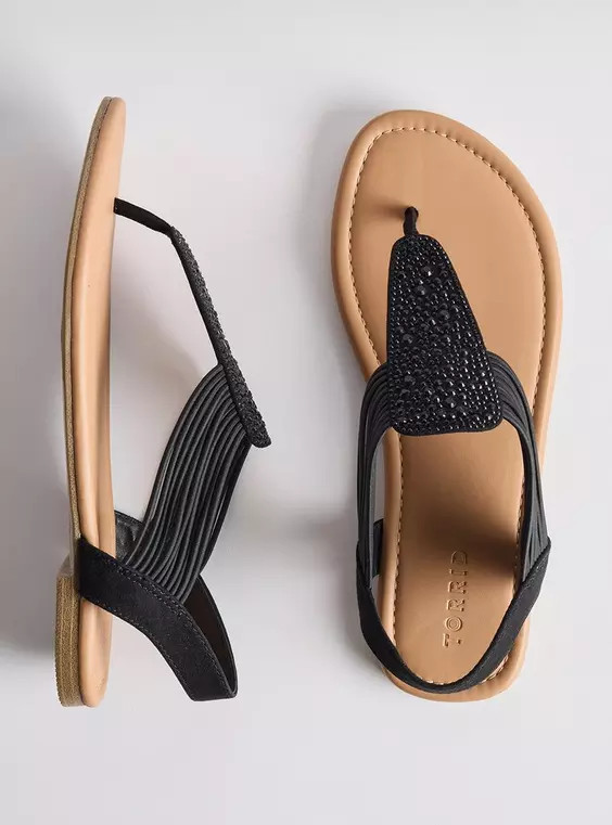 Shield Elastic T-Strap Sandal (WW) in Black | Torrid (US & Canada)