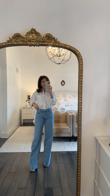 abercrombie high rise wide leg jean (light, 25L)
abercrombie oversized white shirt (tts, xs)
saint laurent wedges (sized up 1/2)

#LTKsalealert #LTKVideo #LTKfindsunder100