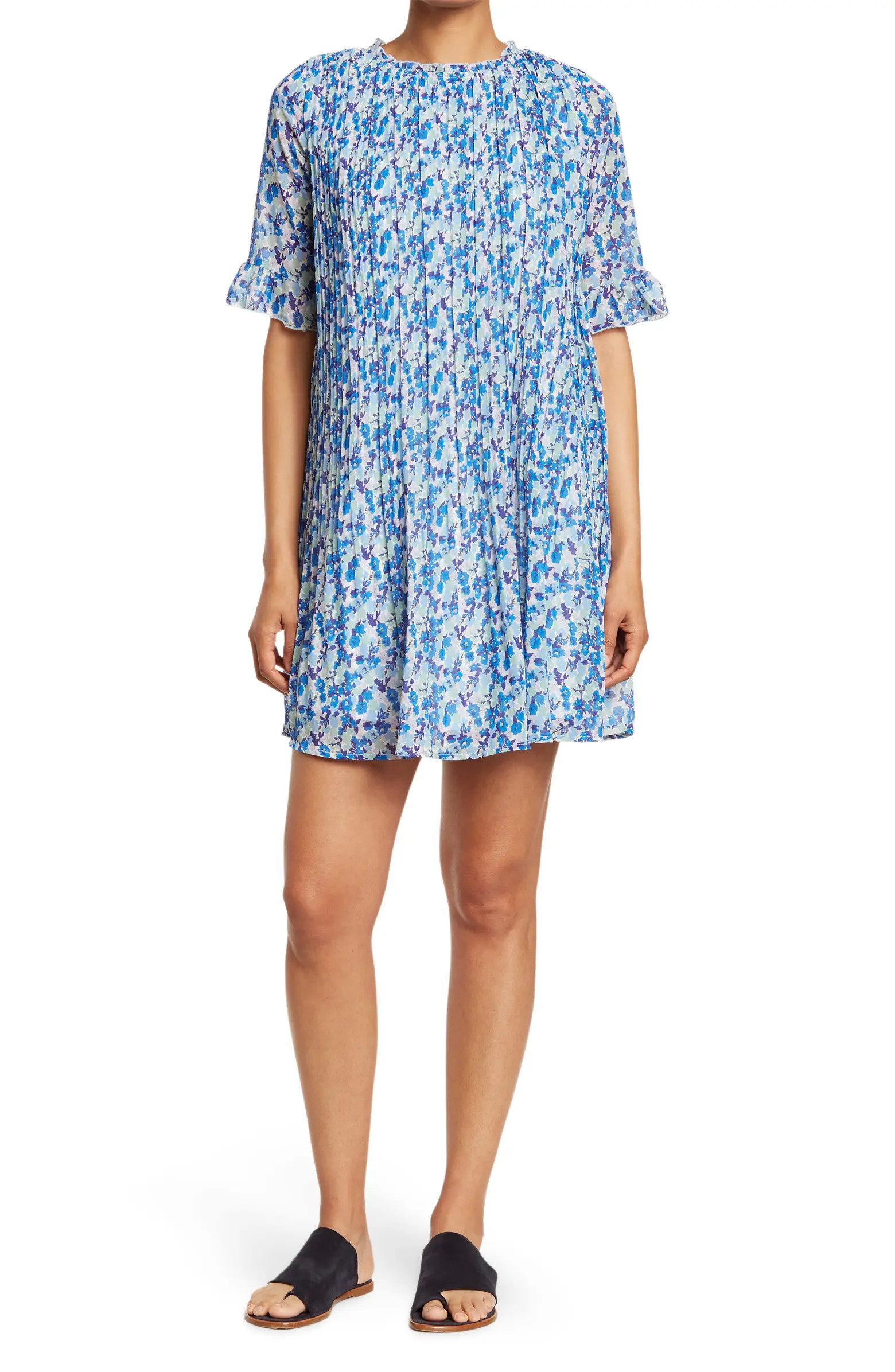 Plisse Short Sleeve Mini Ruffle Neck Dress | Nordstrom Rack