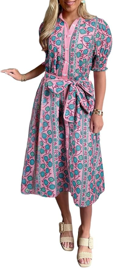 Melliflo Womens Boho Floral Polo Dresses Short Puff Sleeve Button Front Tie Waist Flowy Holiday M... | Amazon (US)
