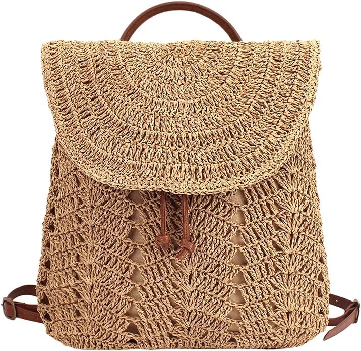 Meyaus Women Large Straw Handmade Crochet Backpack Flap Drawstring Daypack Beach Shoulders Bag | Amazon (US)