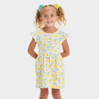 Toddler Girls' Lemons Dress - Cat & Jack™ Yellow 12M: Cotton A-Line, Ruffle Sleeve, Front Pocket | Target