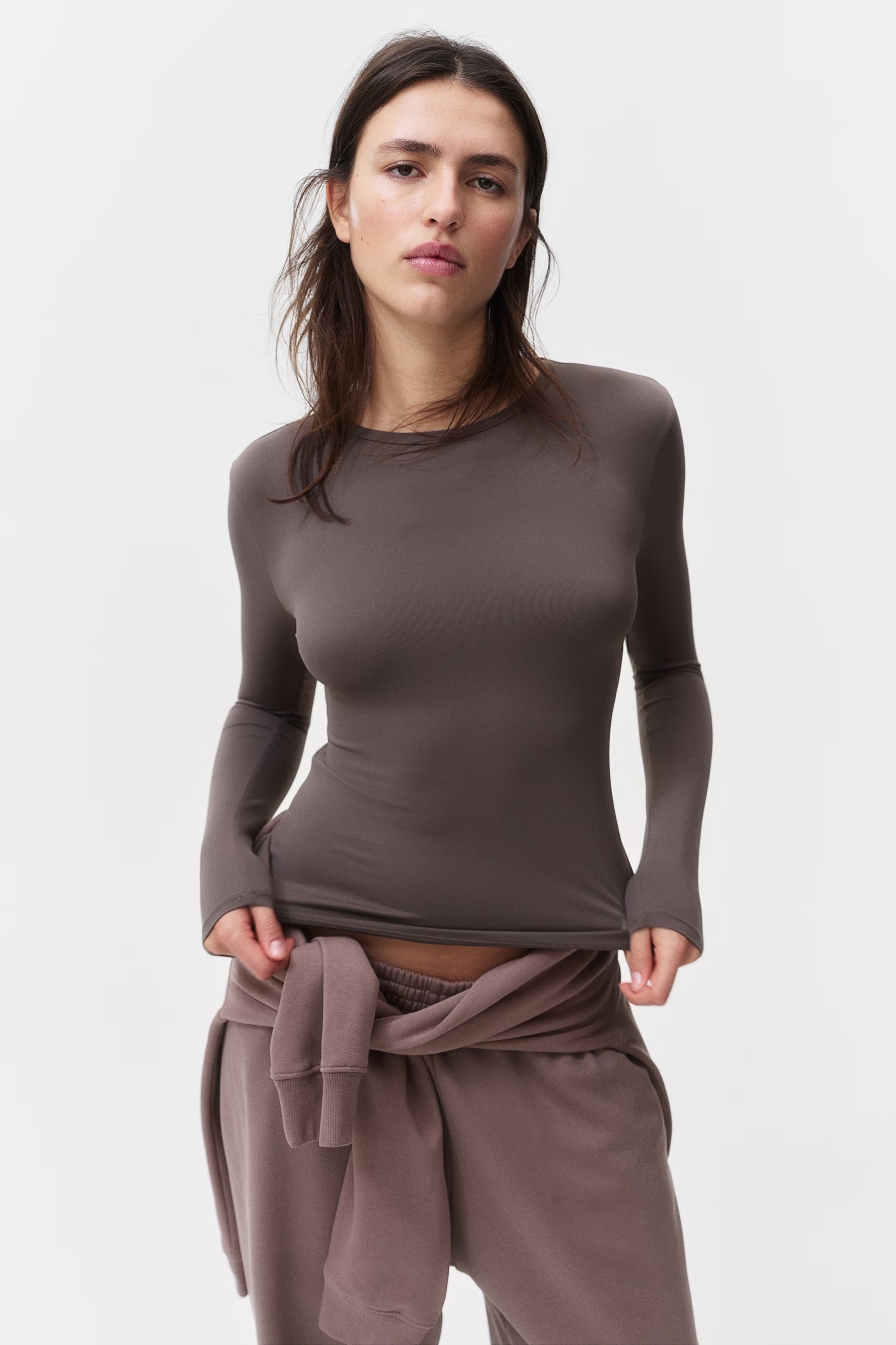 Long-sleeved Microfiber Top - Dark taupe - Ladies | H&M US | H&M (US + CA)