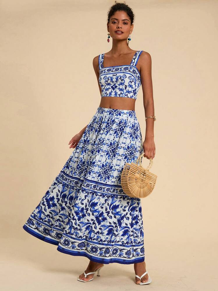 Travachic Vacation Woven Printed Crop Top & Long Women Skirt,Fall Clothes,Two Pieces Fall Outfits,Women Two Pieces Sets,Women Skirt Set,Women Suit Set | SHEIN